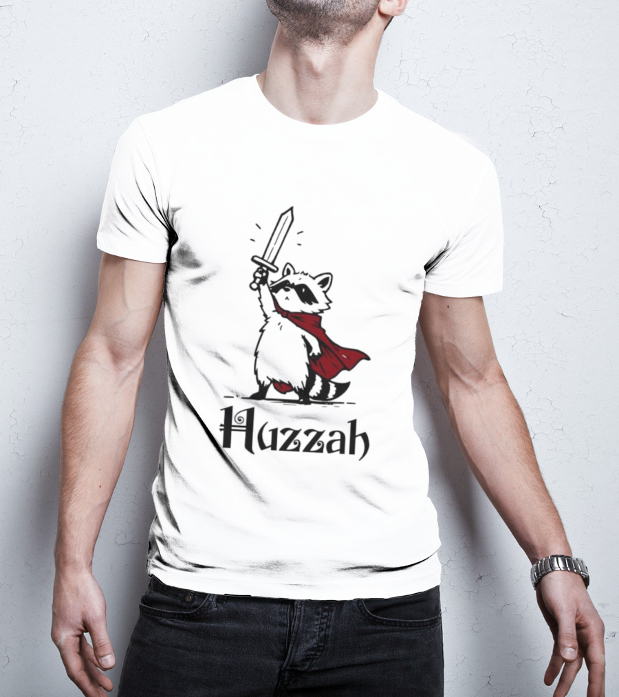 Raccoon Warrior Huzzah Red Cape Sword Heroic Pose T-Shirt
