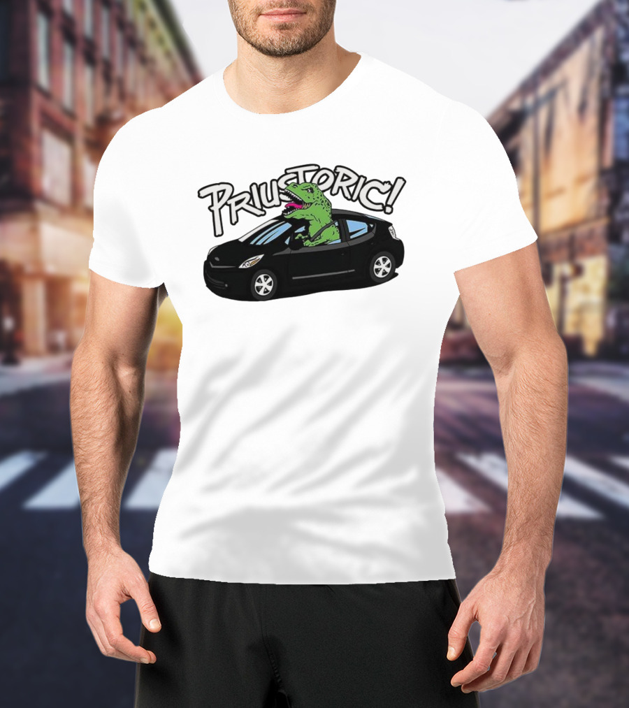 Priustoric T-Rex Dinosaur Driving Car Playful Humor T-Shirt