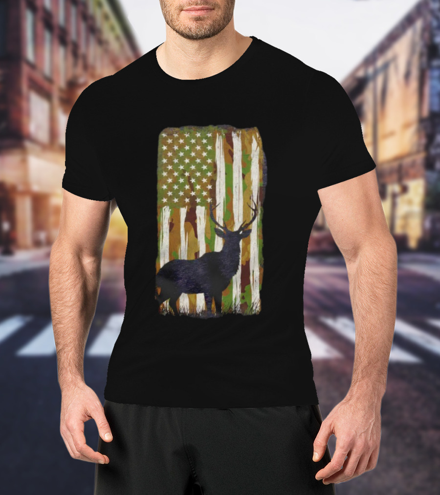 Camo Buck American Flag Camouflage Silhouette T-Shirt
