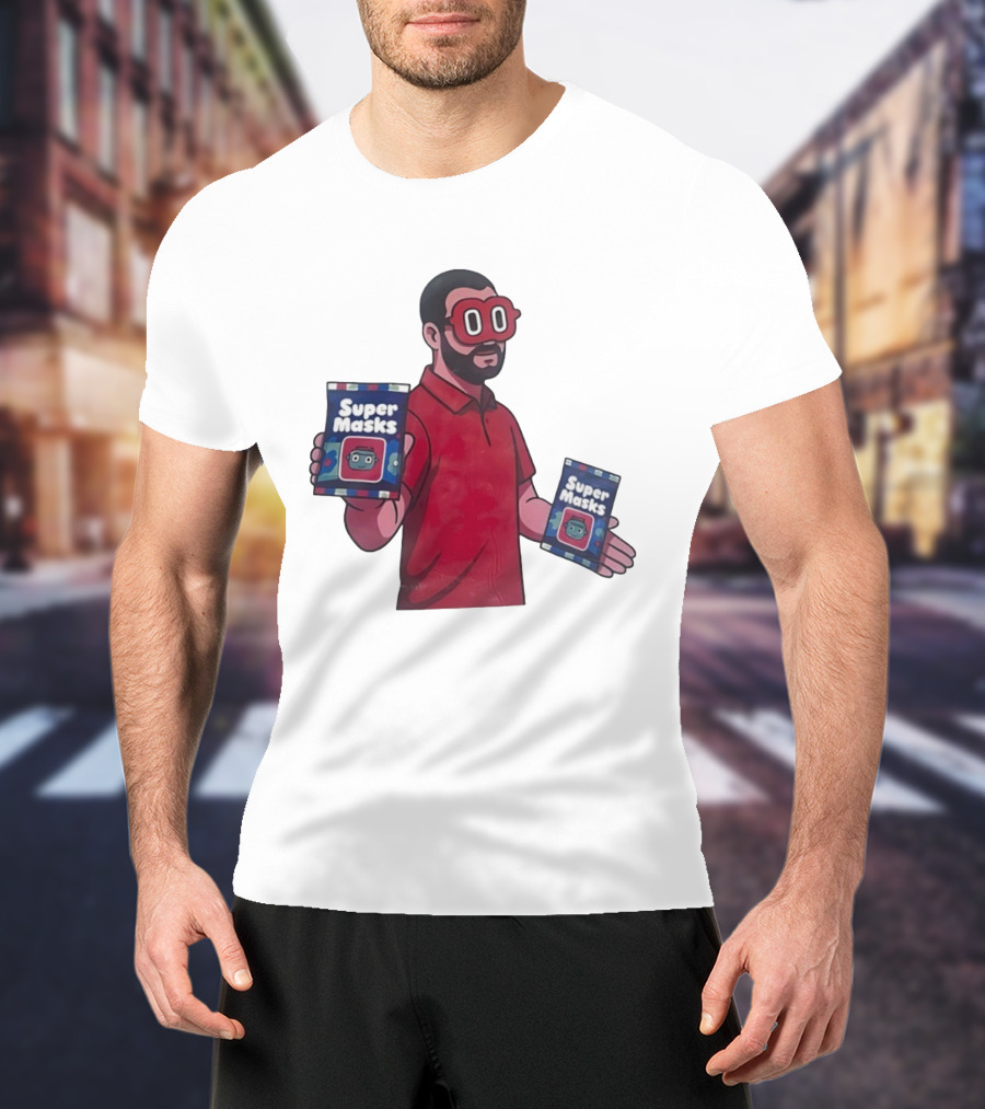 Super Masks Red Character Holding Packages With Eye Mask T-Shirt