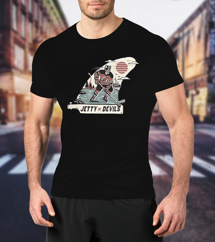 Jetty X New Jersey Devils NHL Player Vintage Skeleton Hockey Sunset Scene T-Shirt