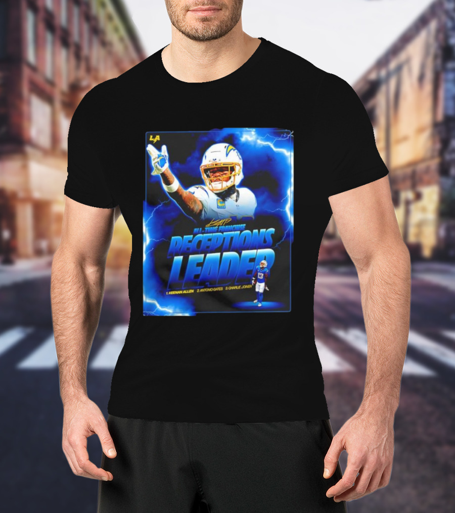 Keenan Allen Chargers All-Time Franchise Receptions Leader Lightning Theme T-Shirt