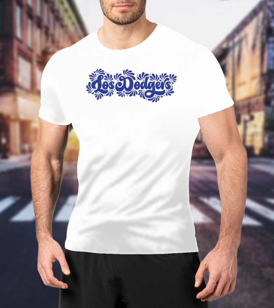 Mexican Talavera Inspired Los Angeles Dodgers Floral Text T-Shirt