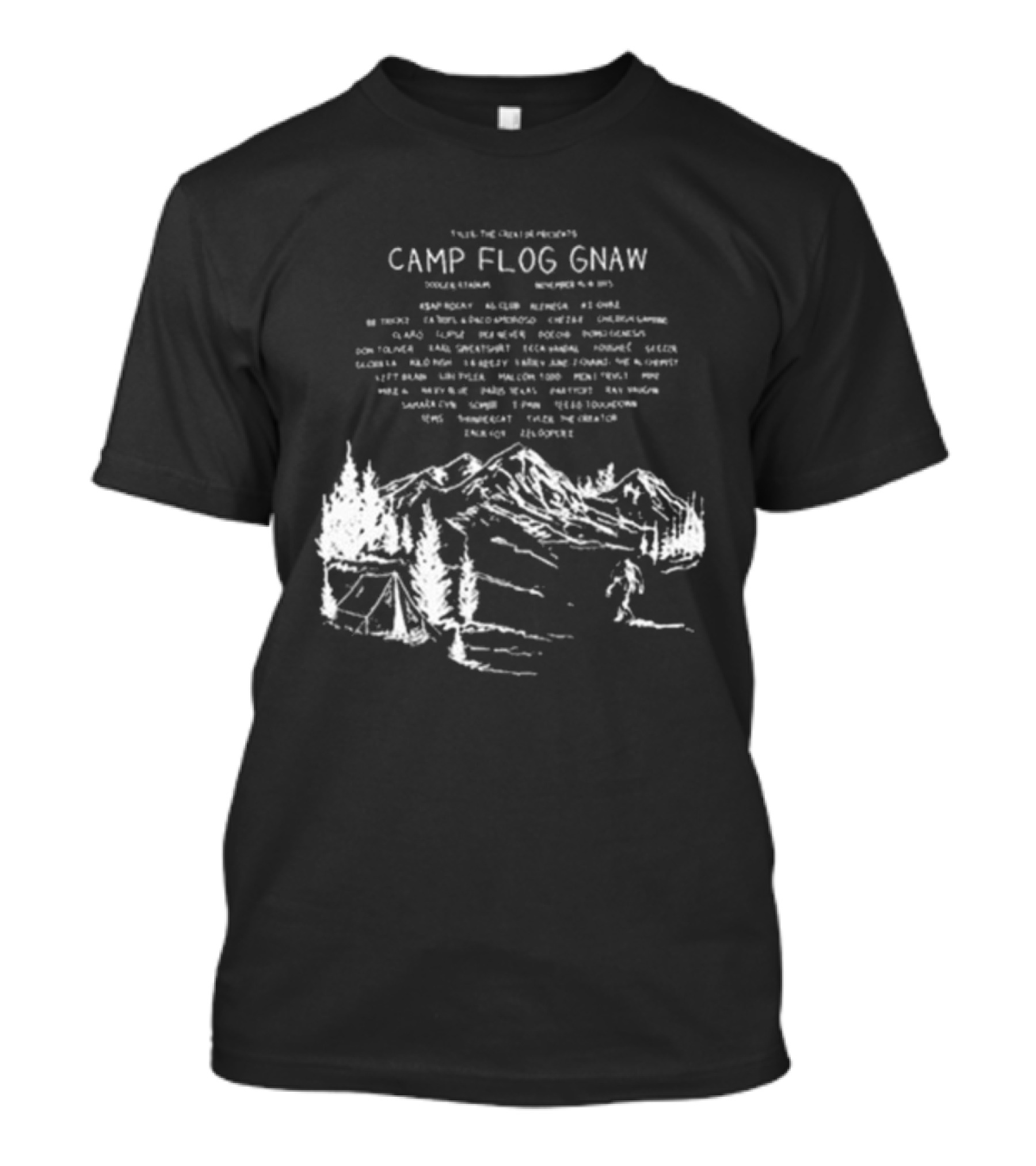 Camp Flog Gnaw 2025 Mountain Bigfoot Tyler The Creator Lineup Adventure T-Shirt