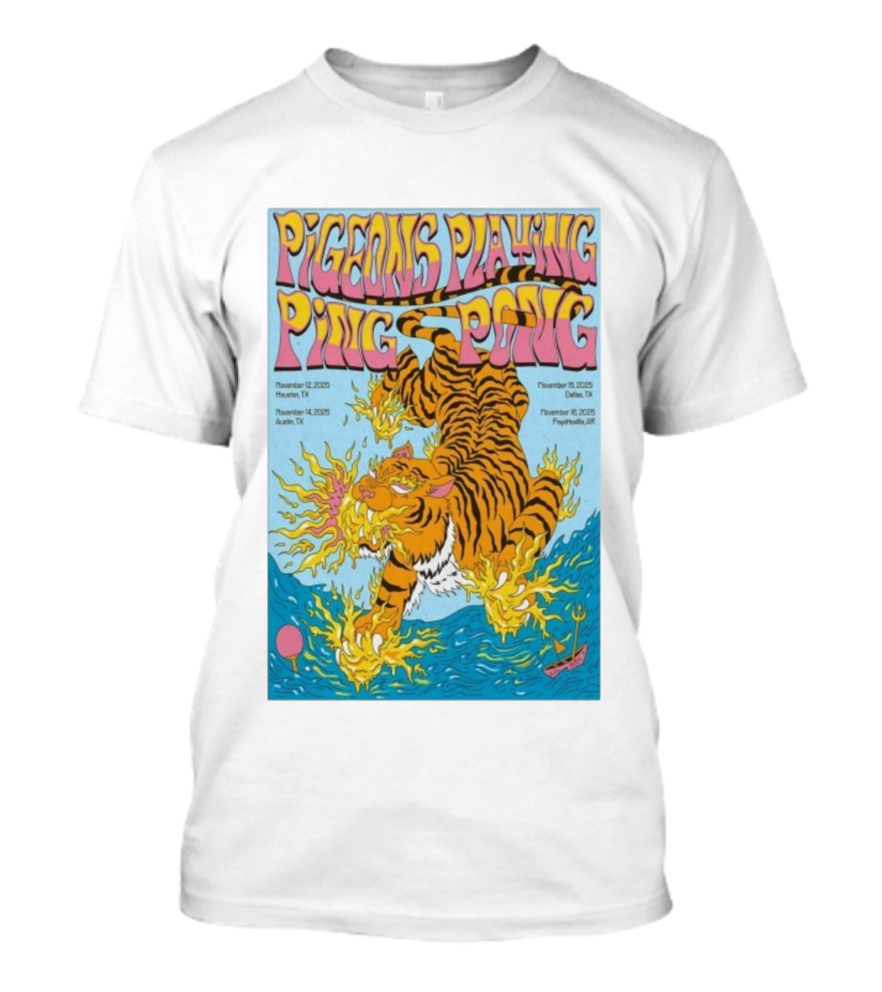Pigeons Playing Ping Pong Tour Dates Houston Dallas Austin Fayetteville Tiger Art T-Shirt