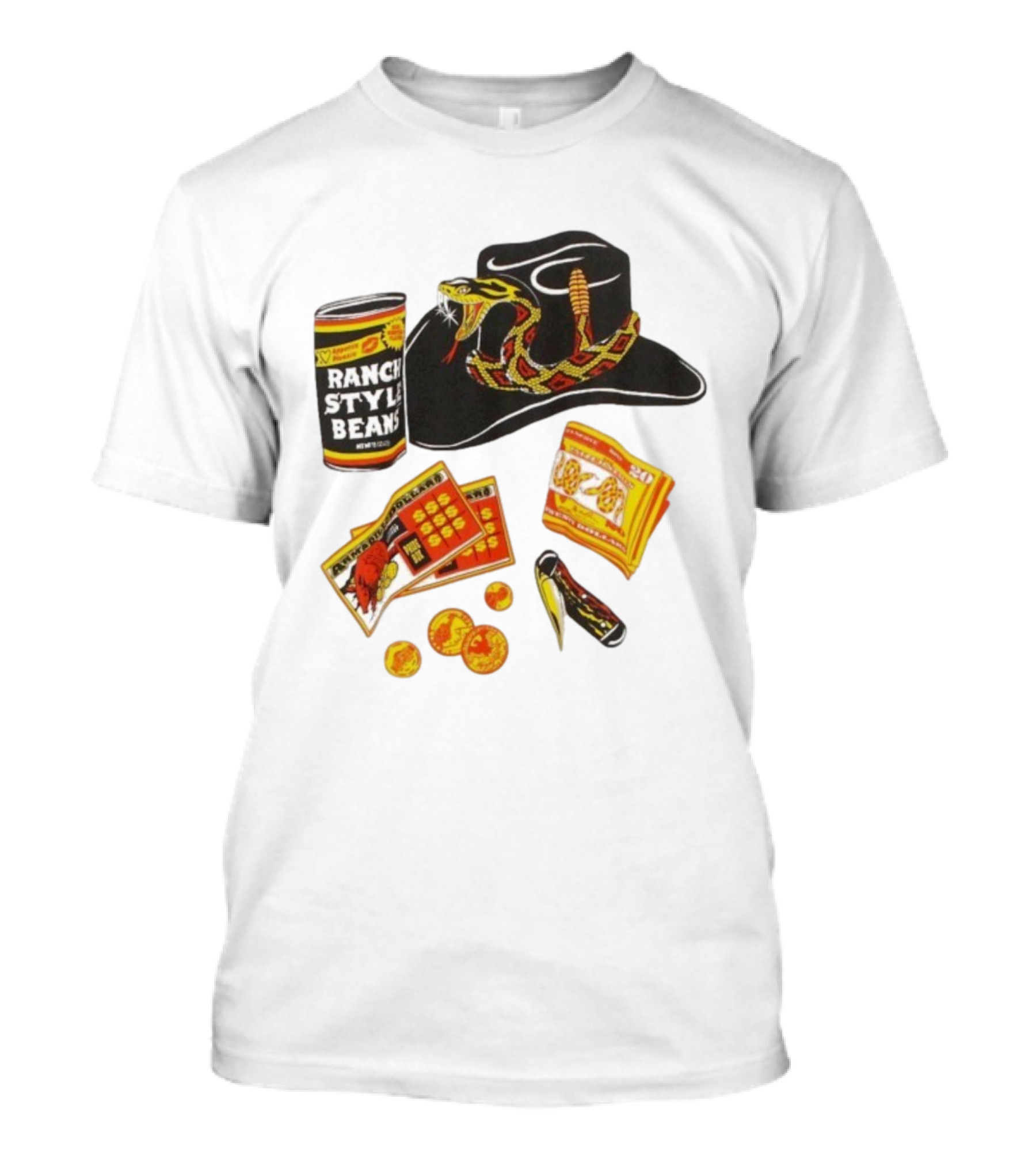 Ranch Style Beans Can Rattlesnake Cowboy Hat Texas Symbols Imagery T-Shirt