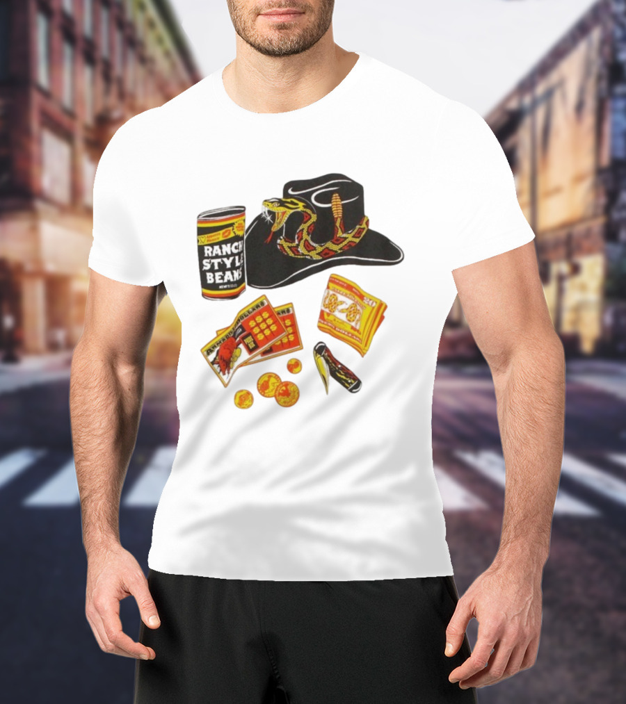 Ranch Style Beans Can Rattlesnake Cowboy Hat Texas Symbols Imagery T-Shirt
