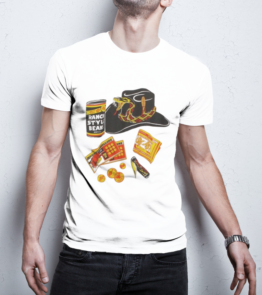 Ranch Style Beans Can Rattlesnake Cowboy Hat Texas Symbols Imagery T-Shirt