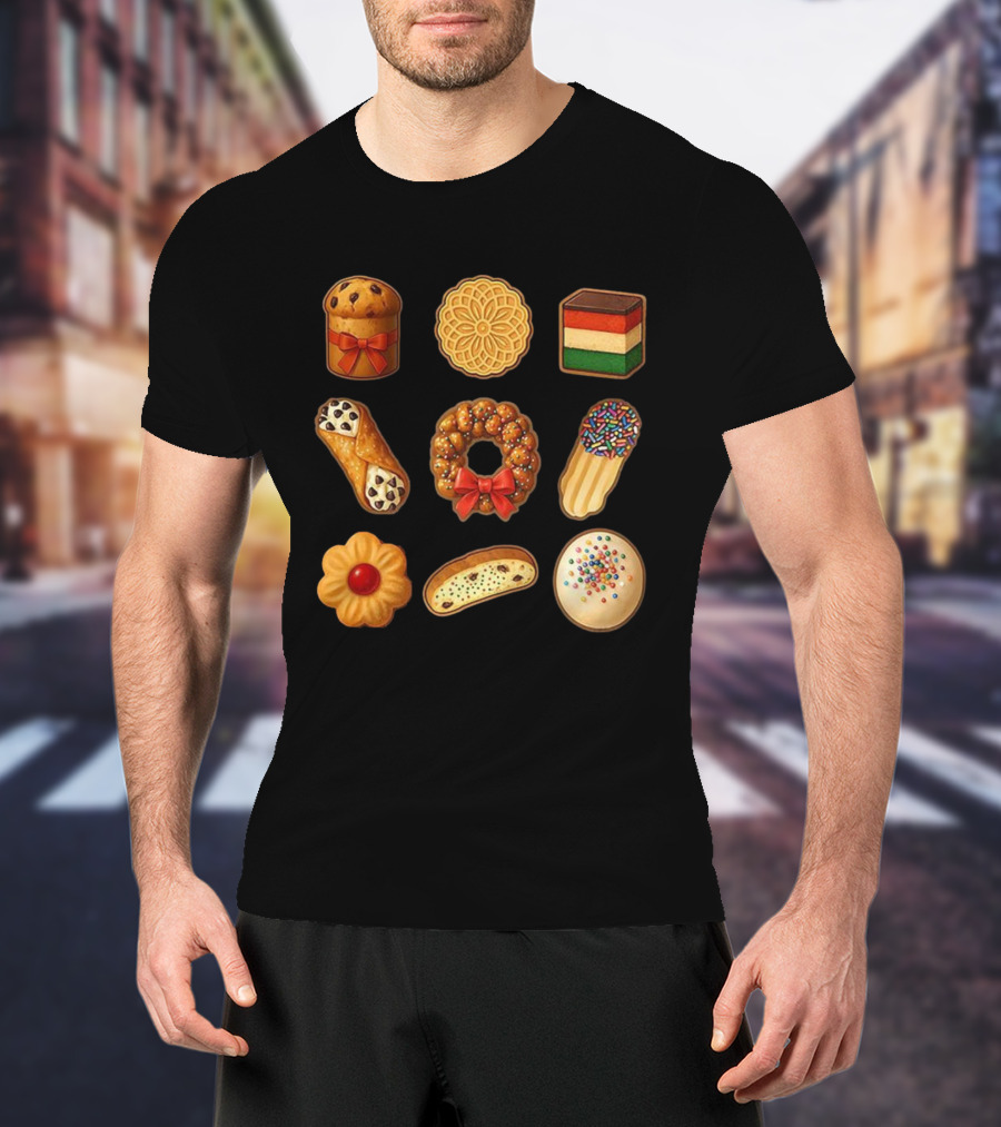Festive Italian Cookie Variety Featuring Pandoro Biscotti Cannoli Bow Sprinkles T-Shirt