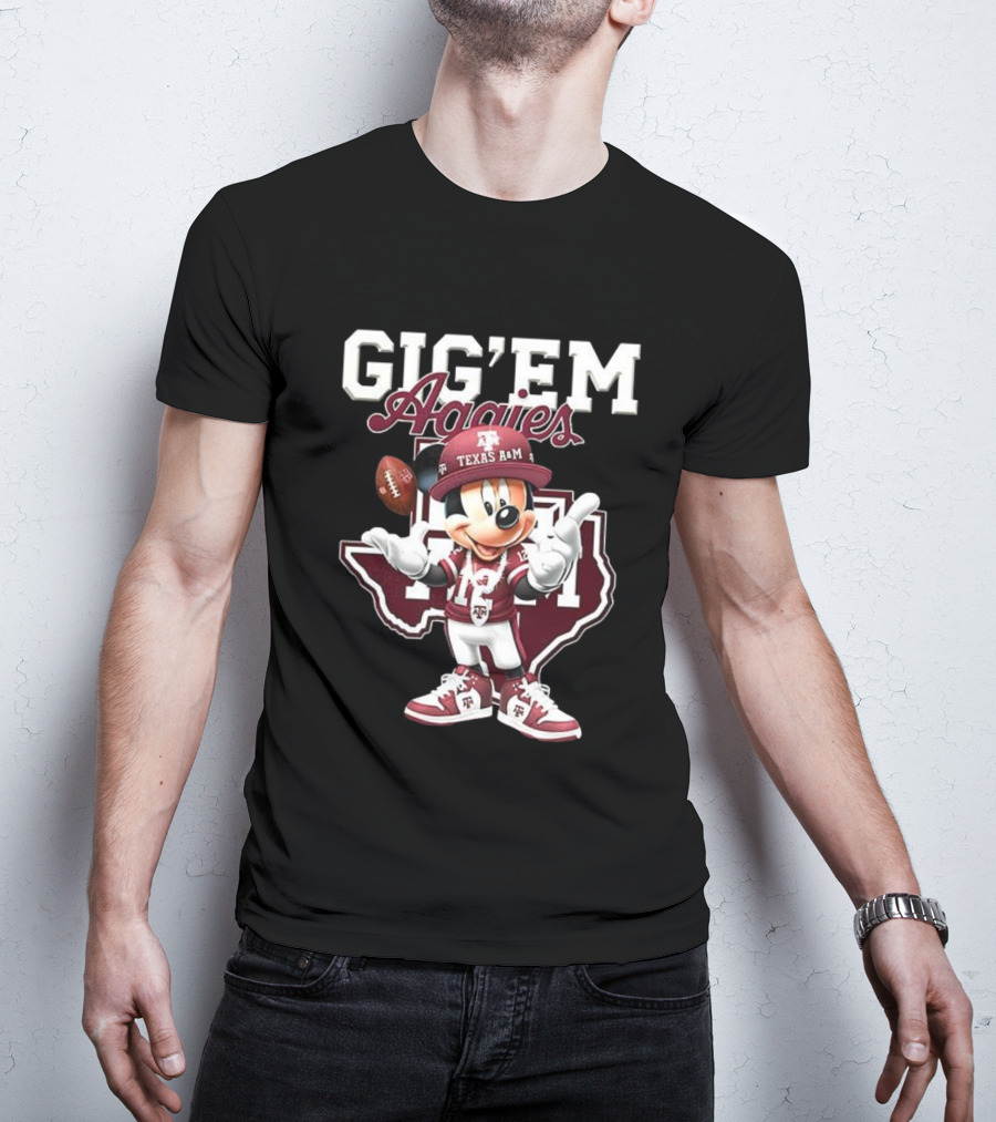 Gig’em Aggies Texas A&M Mickey Mouse Football Map T-Shirt