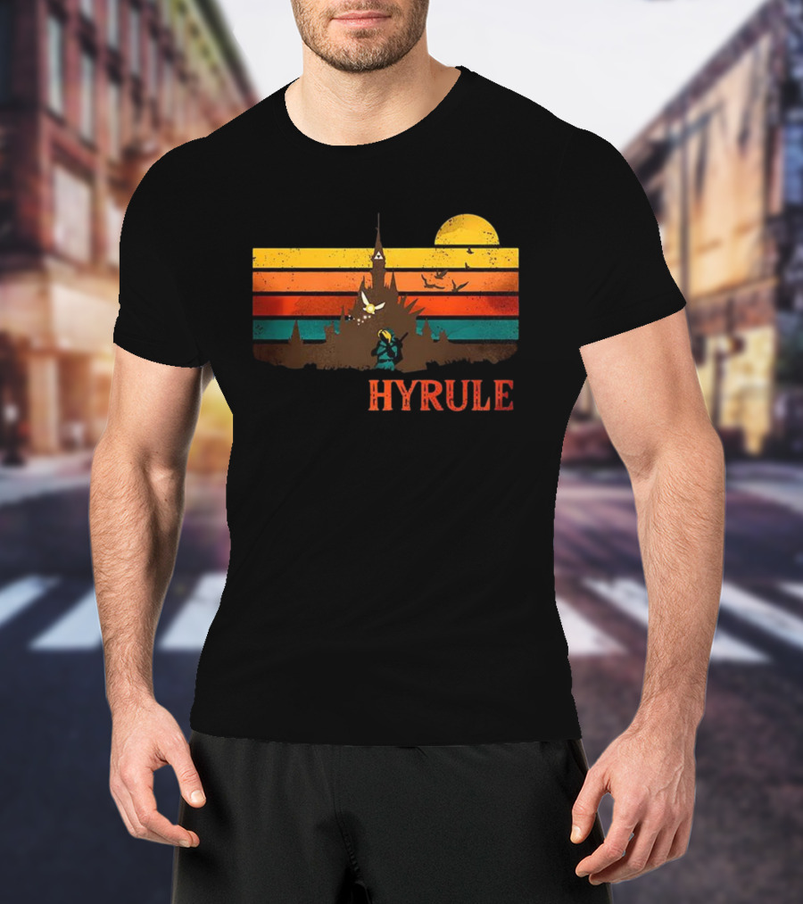 Hyrule Land Of The Gods Vintage Retro Sunset Castle And Hero Silhouette T-Shirt
