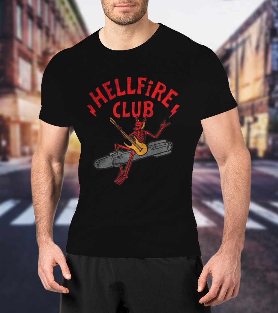 Hellfire Club Devil Riding Missile Playing Guitar T-Shirt