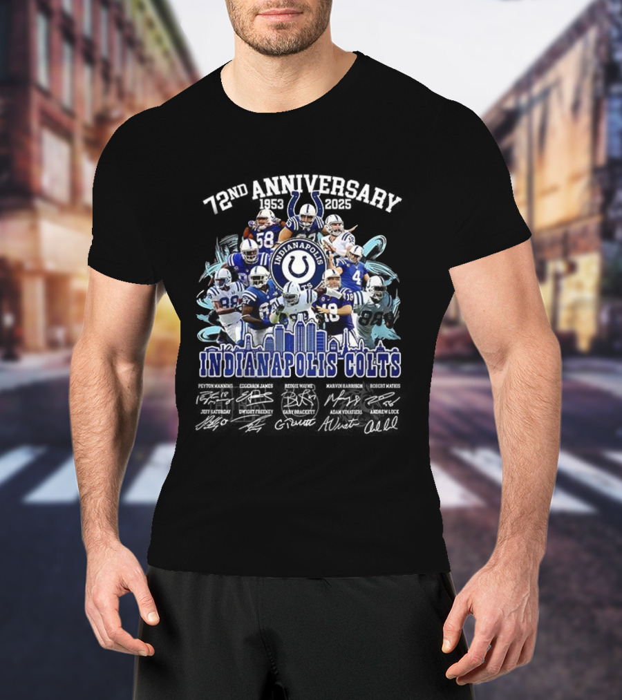 Indianapolis Colts 72nd Anniversary 1953-2025 Signature Players And Skyline T-Shirt