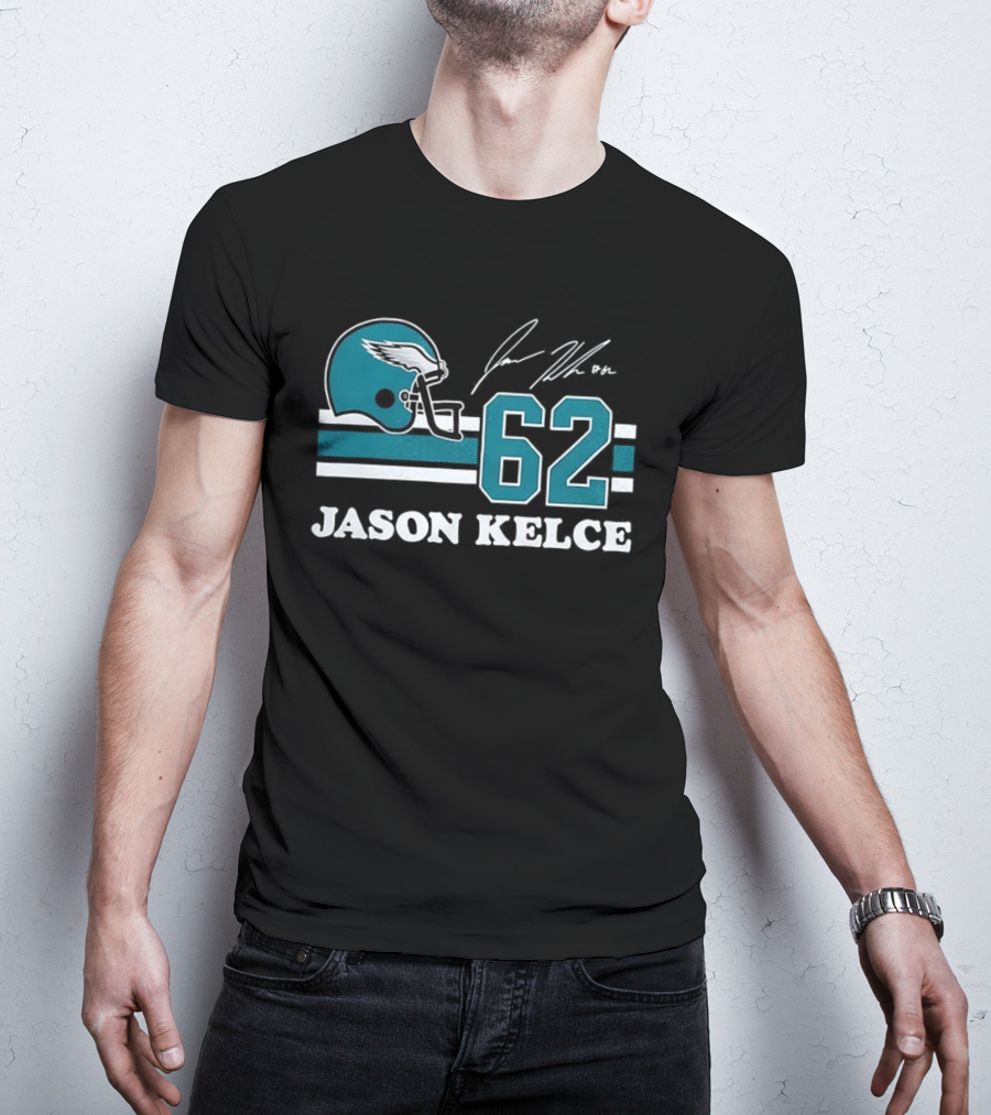 Jason Kelce Philadelphia Eagles NFL Helmet Number 62 Signature T-Shirt
