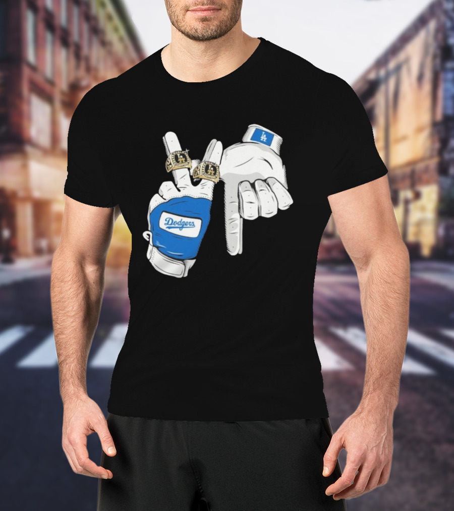 Los Angeles Dodgers Back 2 Back World Series Champions 2025 Rings LA Logo Glove Hands T-Shirt