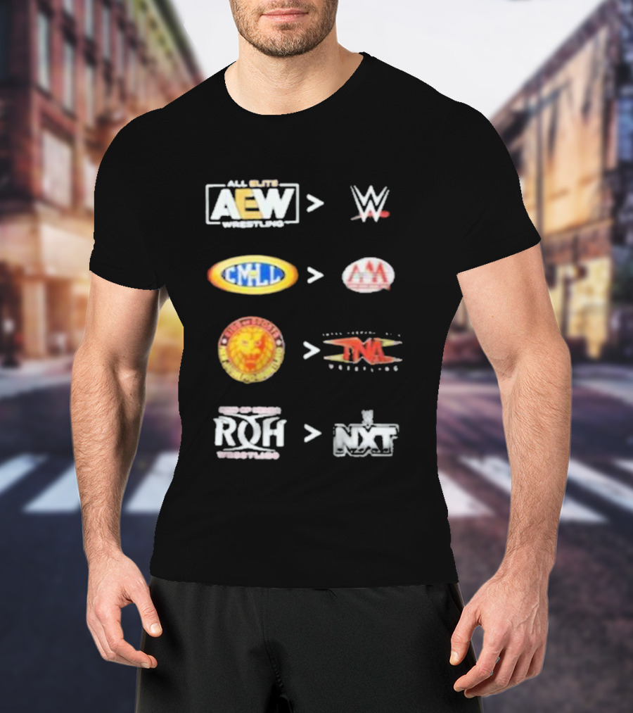 AEW Vs WWE CMLL Vs AAA NJPW Vs TNA ROH Vs NXT Wrestling Logos T-Shirt