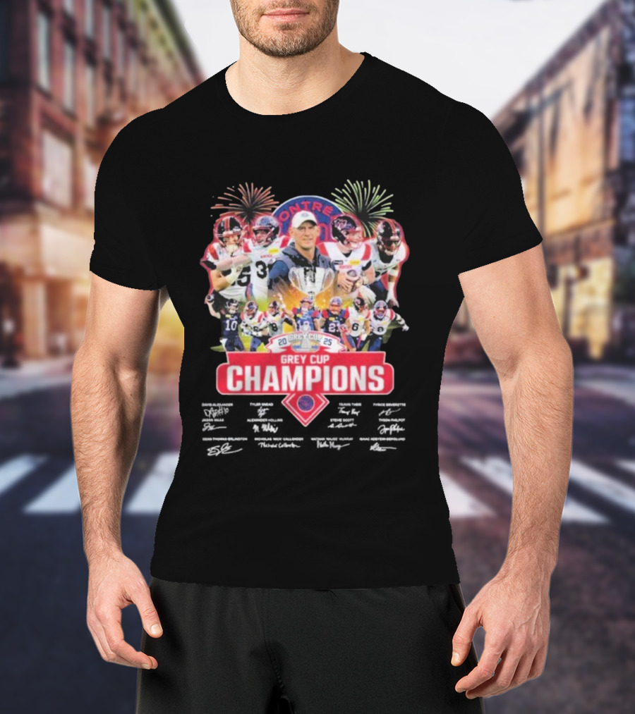 Montreal Alouettes 2025 Grey Cup Champions Winner Signatures Fireworks Celebration T-Shirt