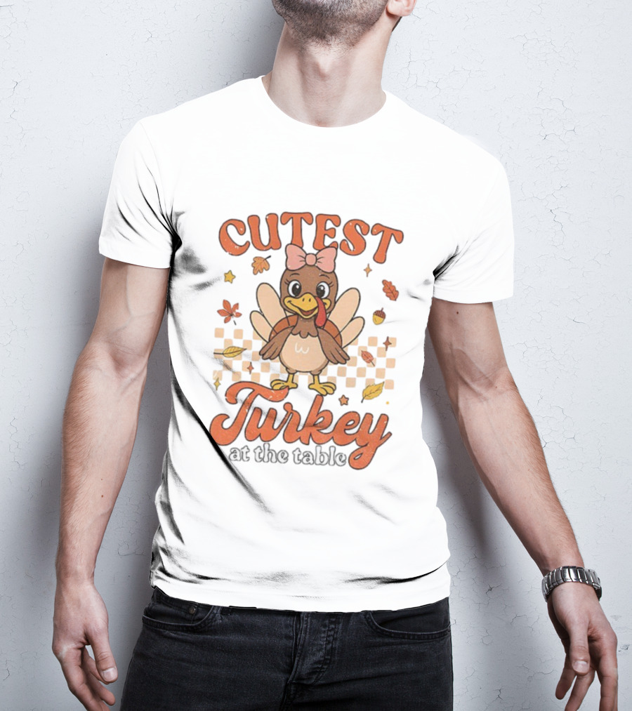 Cutest Turkey At The Table Thanksgiving Bow And Leaves T-Shirt
