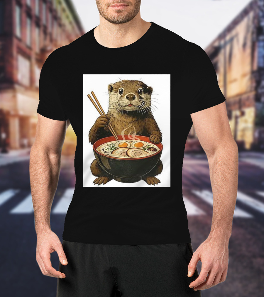 Cute Otter Enjoying Steaming Ramen With Chopsticks Illustration T-Shirt