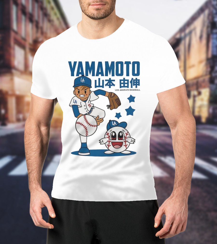 Yamamoto Los Angeles Dodgers Cartoon With Baseball Character And Stars T-Shirt