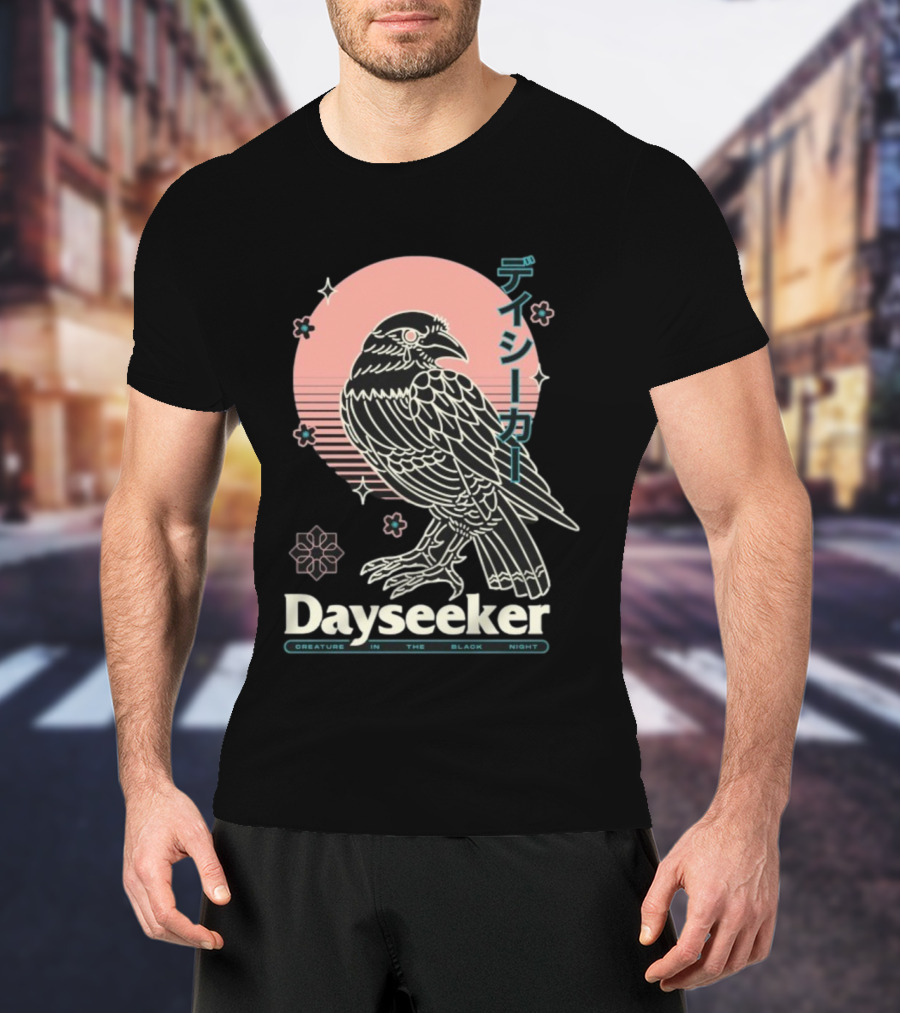 Dayseeker Creature In The Black Night Raven With Japanese Text And Sakura Motif T-Shirt