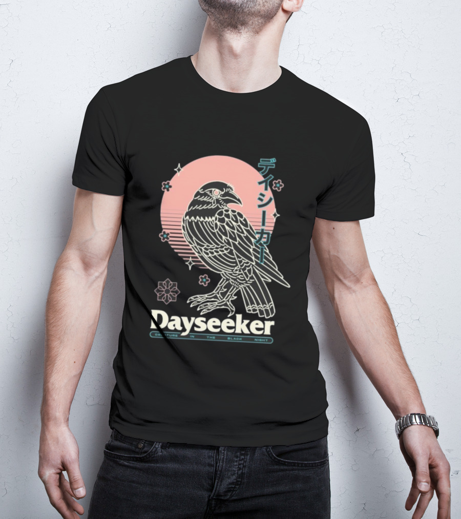 Dayseeker Creature In The Black Night Raven With Japanese Text And Sakura Motif T-Shirt