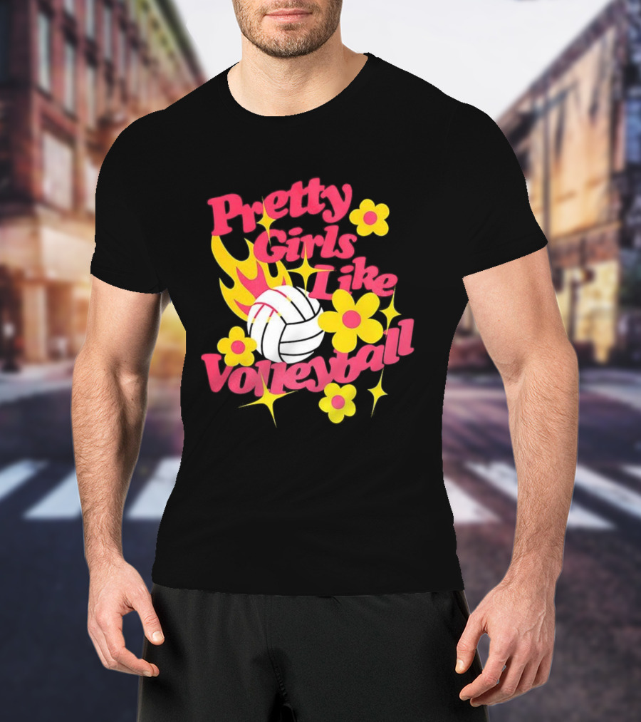 Pretty Girls Like Volleyball Flowers Yellow Pink Volleyball Floral Design T-Shirt