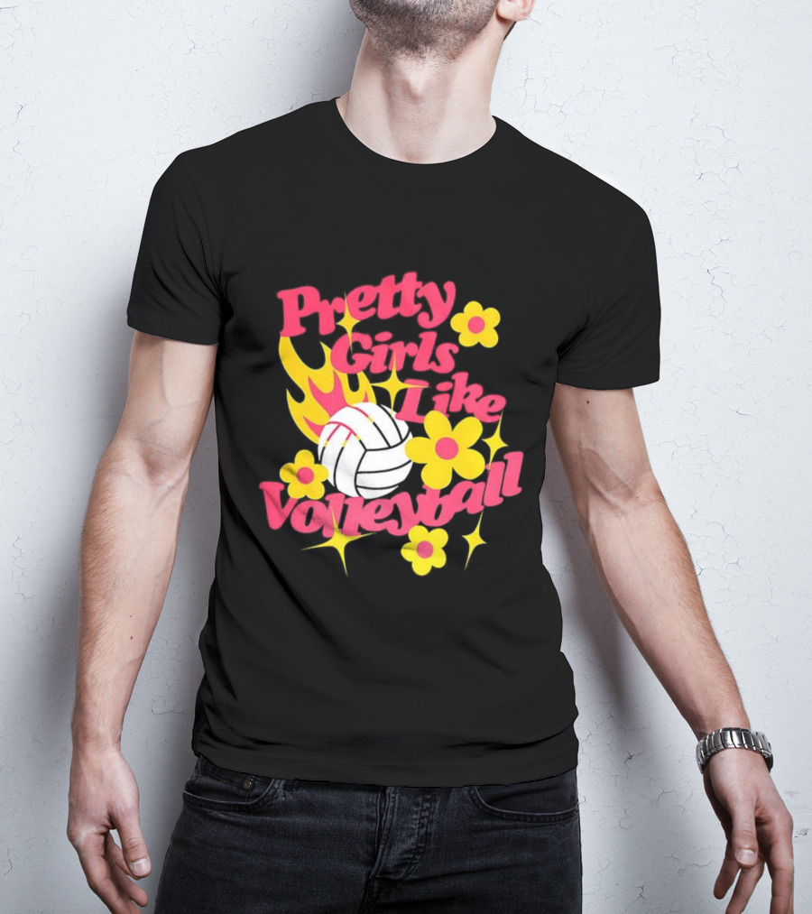 Pretty Girls Like Volleyball Flowers Yellow Pink Volleyball Floral Design T-Shirt