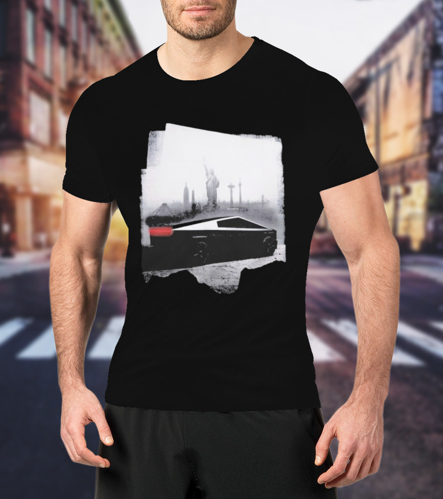 Tesla Cybertruck With Global Landmark Skyline T-Shirt