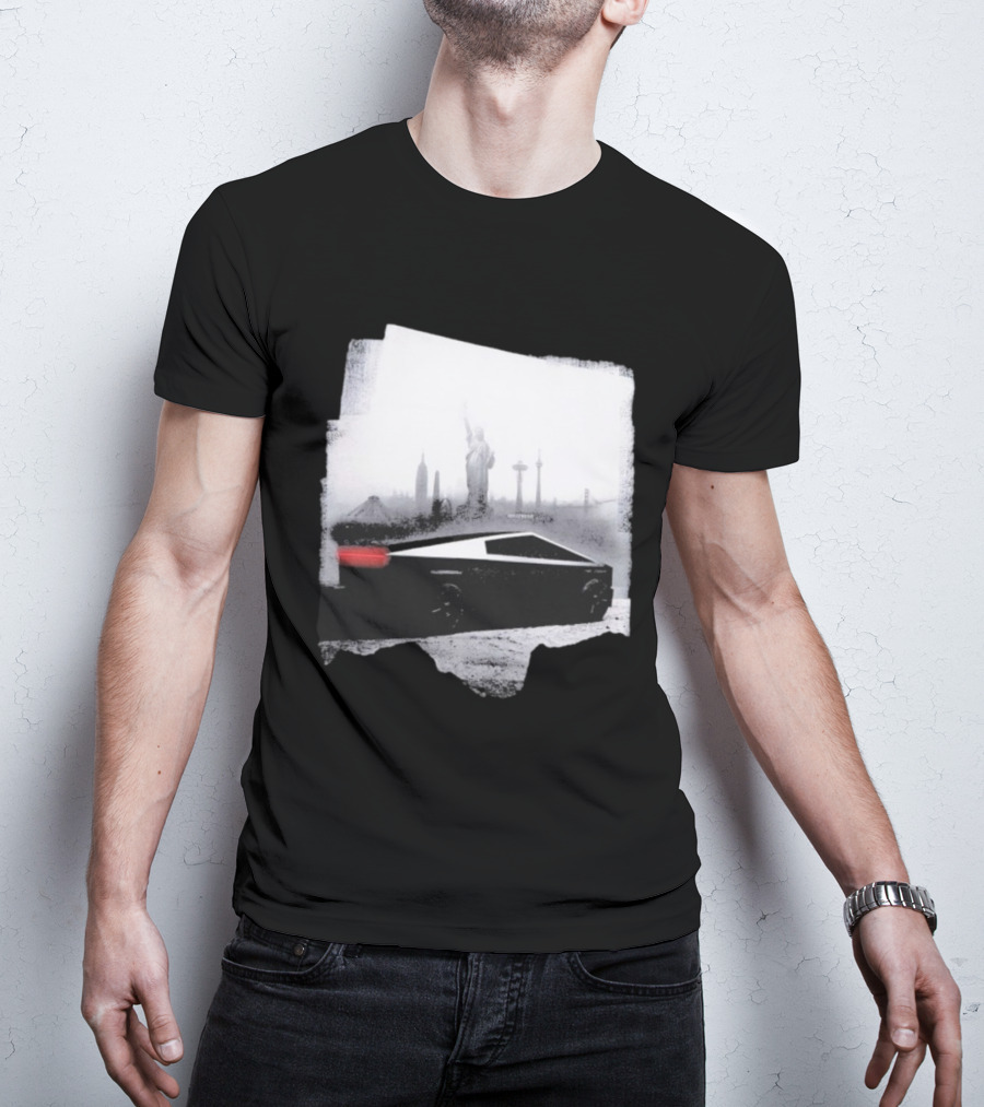 Tesla Cybertruck With Global Landmark Skyline T-Shirt