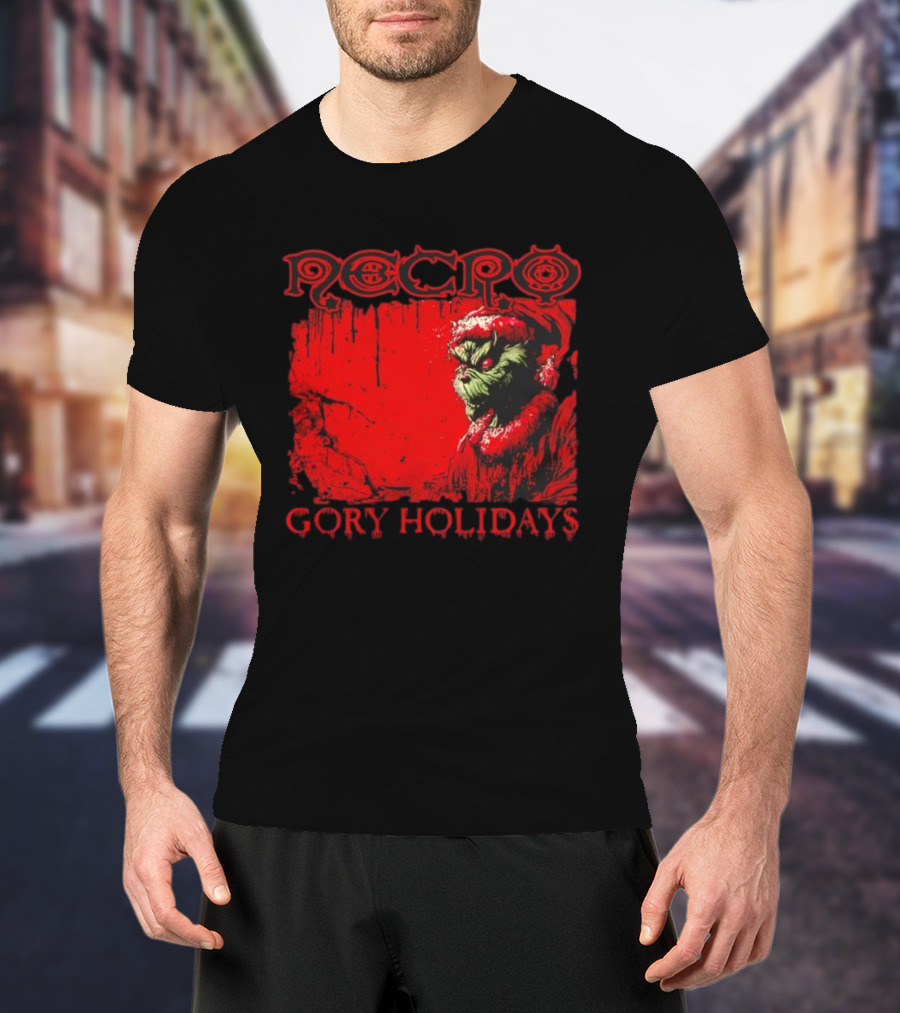Necro Gory Holidays Grinch Santa Red Dripping Art T-Shirt