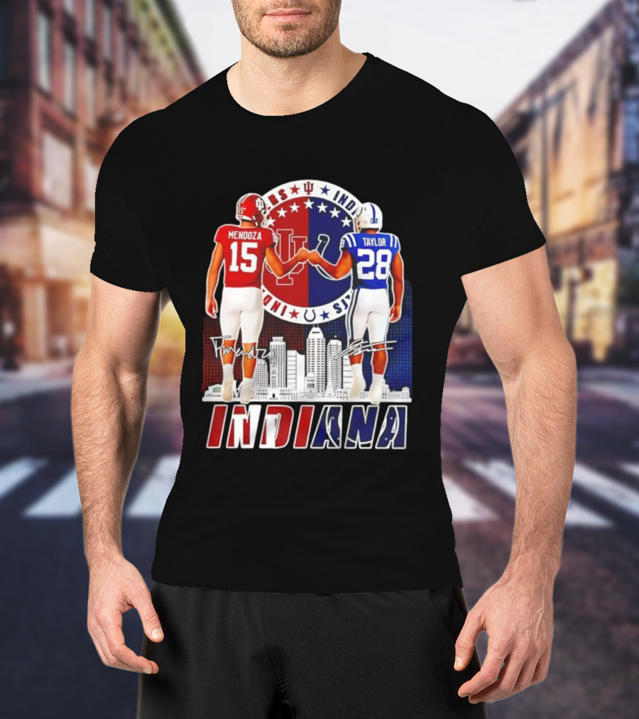Indiana Hoosiers Mendoza 15 Indianapolis Colts Taylor 28 Signatures And City Skyline T-Shirt