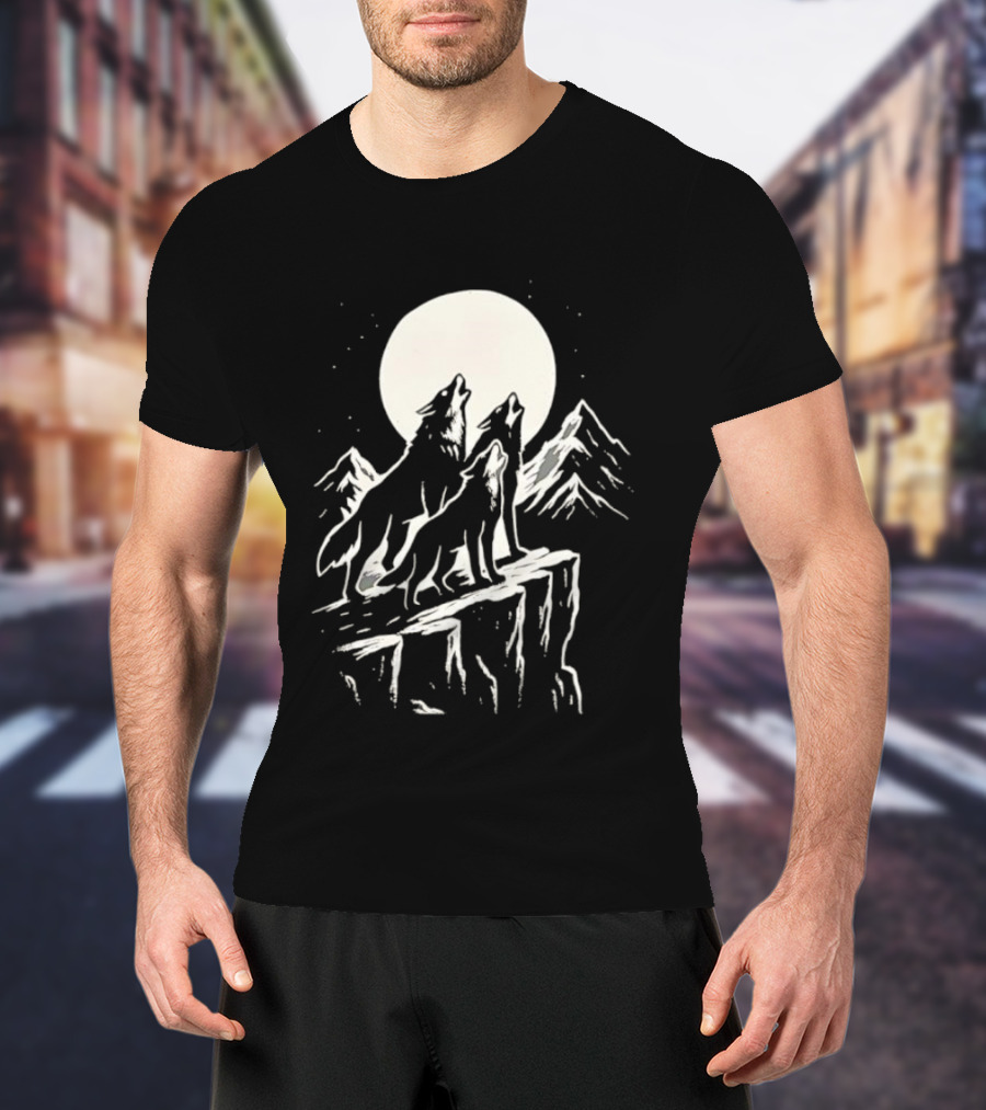 Howling Wolves Moonlit Mountains Black White T-Shirt
