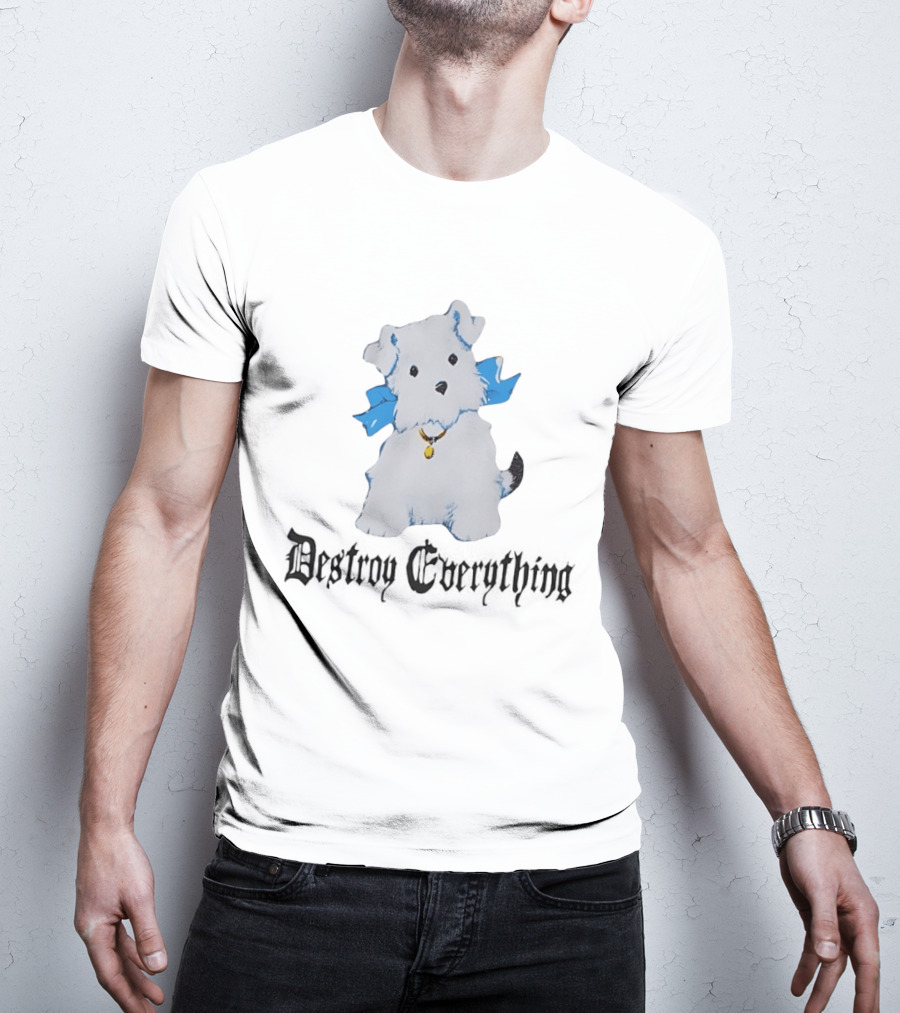 Puppy Destroy Everything Cute Dog Illustration With Blue Ribbon T-Shirt