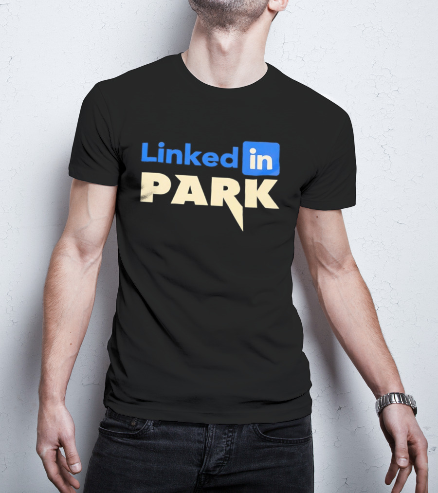 Linked In Park Blocky Font Text In Blue And Beige T-Shirt