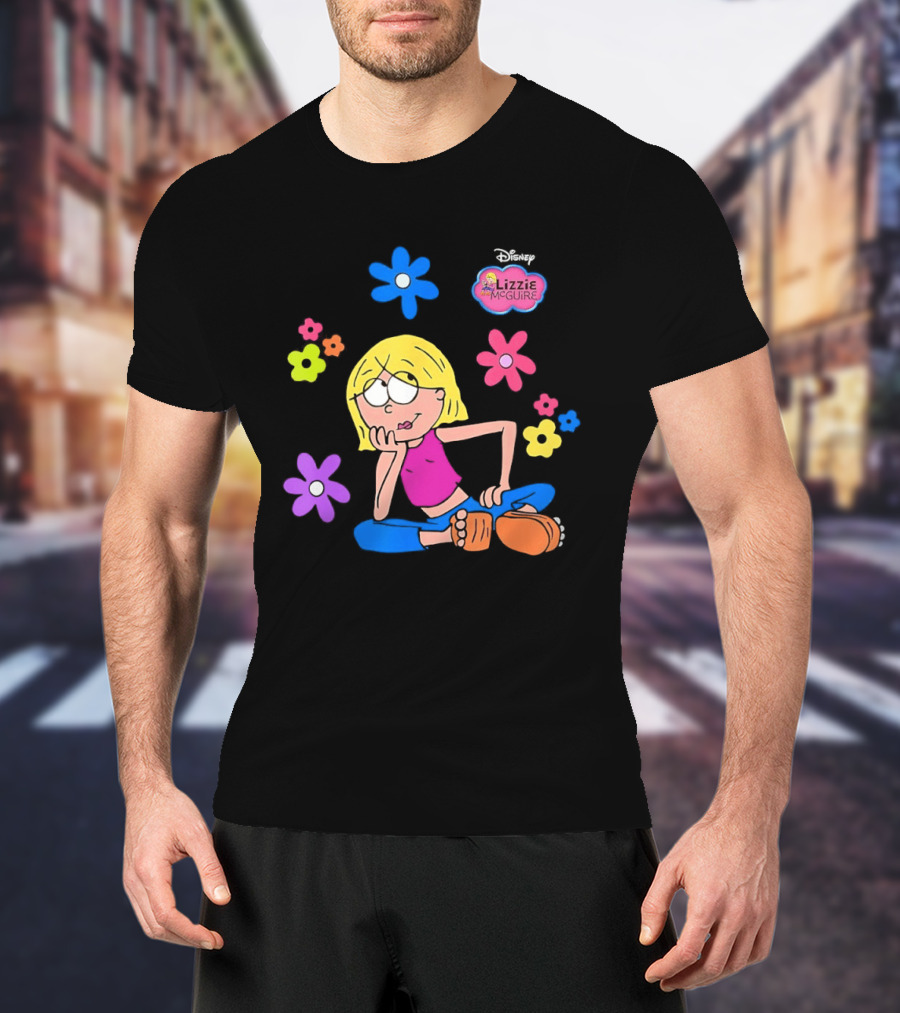 Lizzie McGuire Cartoon Colorful Flowers And Character Sitting Clipart T-Shirt