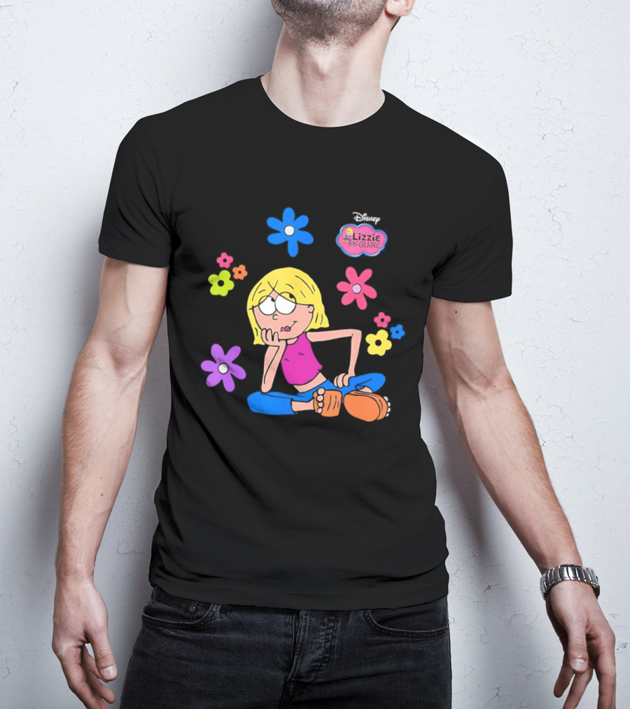 Lizzie McGuire Cartoon Colorful Flowers And Character Sitting Clipart T-Shirt