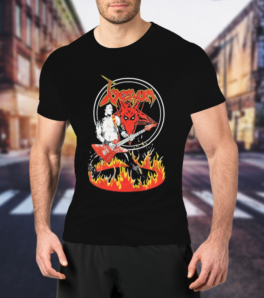 Venom Red Demon Guitarist Flaming Circle T-Shirt
