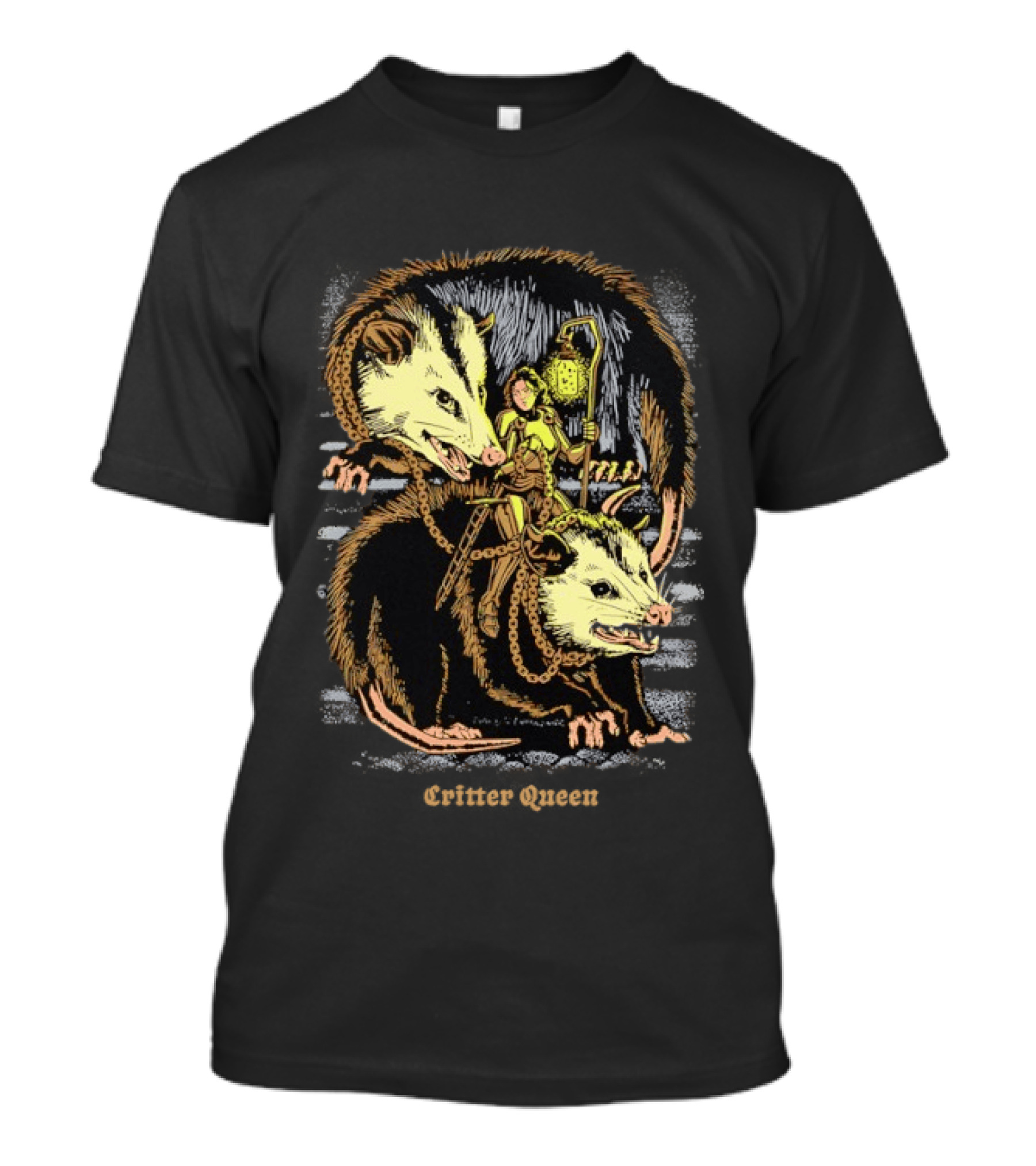Women Riding Opossum Critter With Lantern And Chains T-Shirt