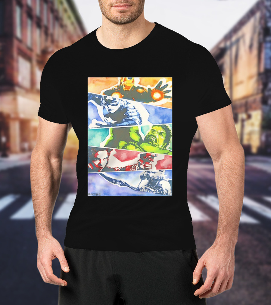 Avengers Iron Man Captain America Hulk Black Widow Thor Watercolor Comic Characters T-Shirt