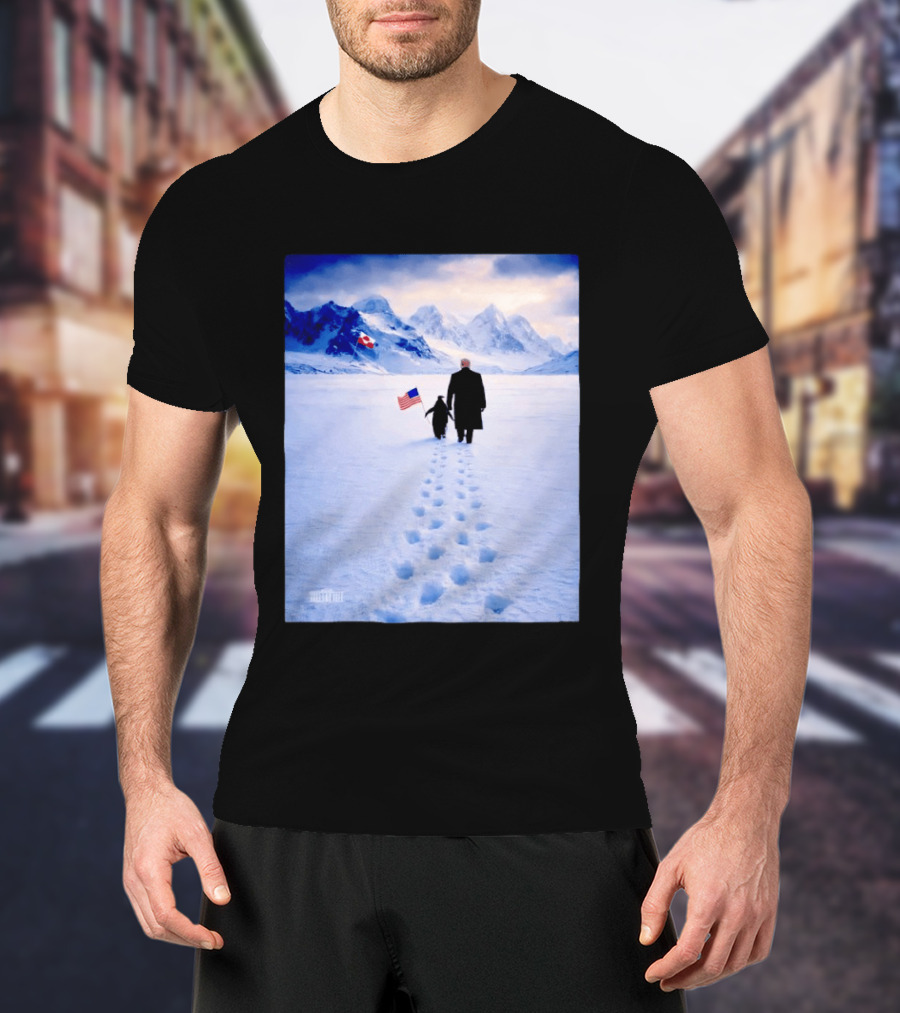 The White House Donald Trump Walking With Penguin American Canadian Flags Snowy Mountains T-Shirt