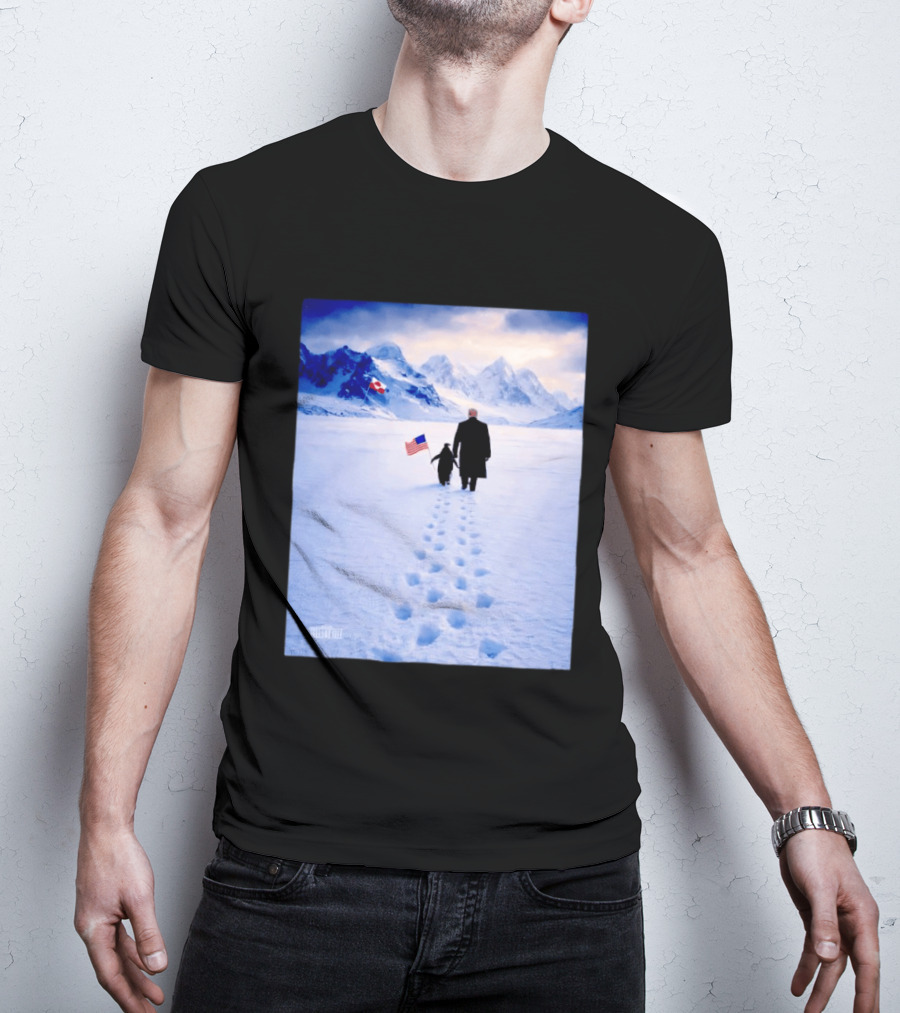 The White House Donald Trump Walking With Penguin American Canadian Flags Snowy Mountains T-Shirt