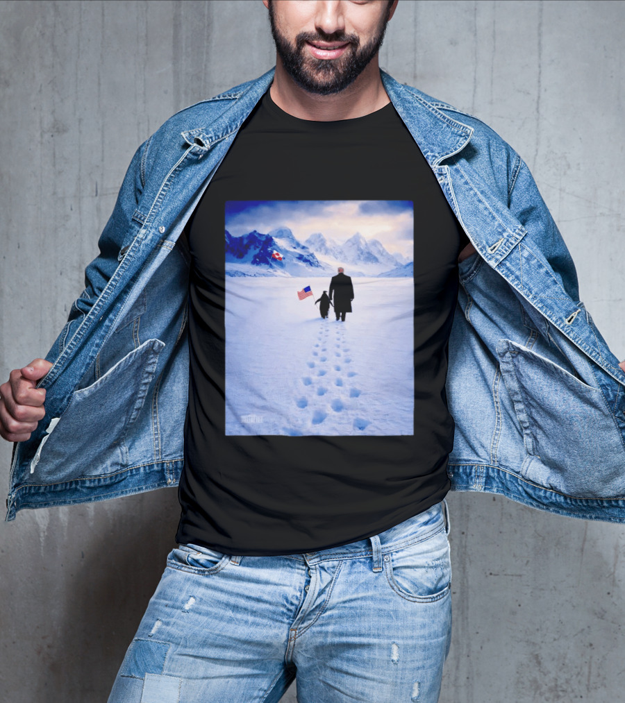 The White House Donald Trump Walking With Penguin American Canadian Flags Snowy Mountains T-Shirt