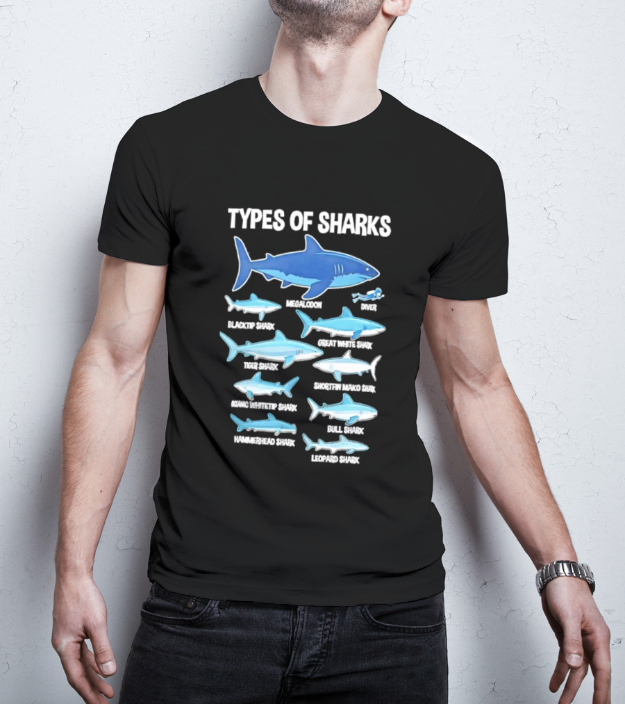 Types Of Sharks White Shark Hammerhead Great White Whale Tiger Bull Mako Marine Biology T-Shirt
