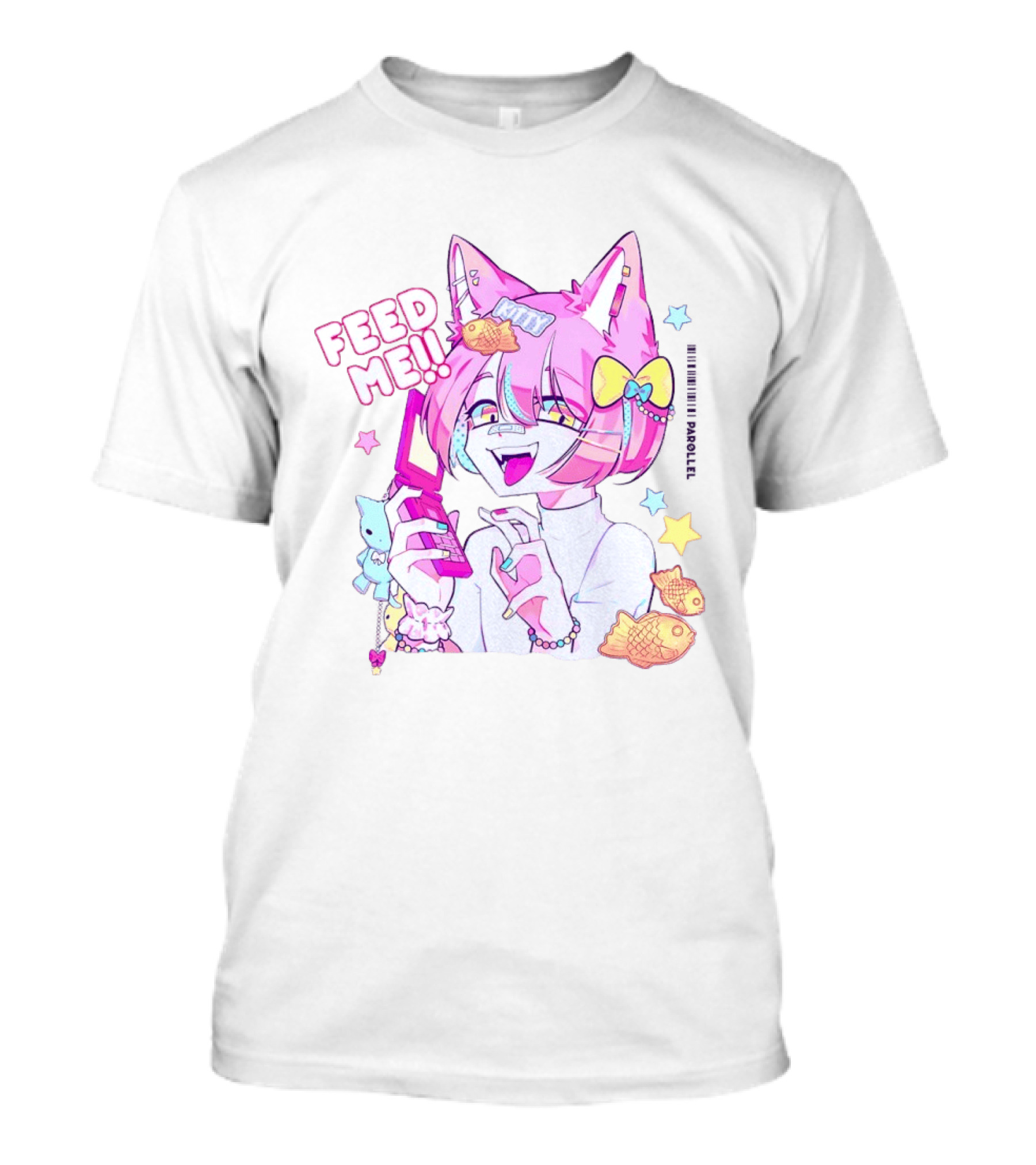 Anime Feed Me Pastel Kawaii Catgirl Eating Fish Cookies T-Shirt