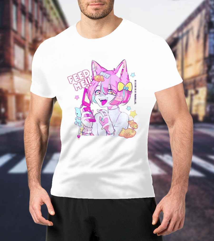 Anime Feed Me Pastel Kawaii Catgirl Eating Fish Cookies T-Shirt