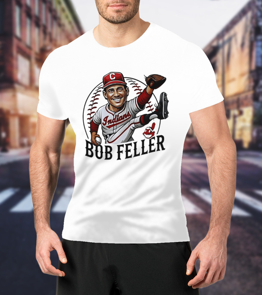 Bob Feller Cleveland Indians Baseball Pitcher Caricature T-Shirt