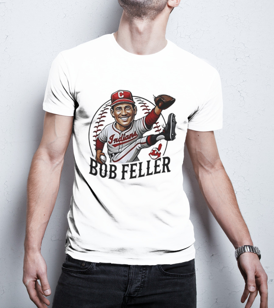 Bob Feller Cleveland Indians Baseball Pitcher Caricature T-Shirt
