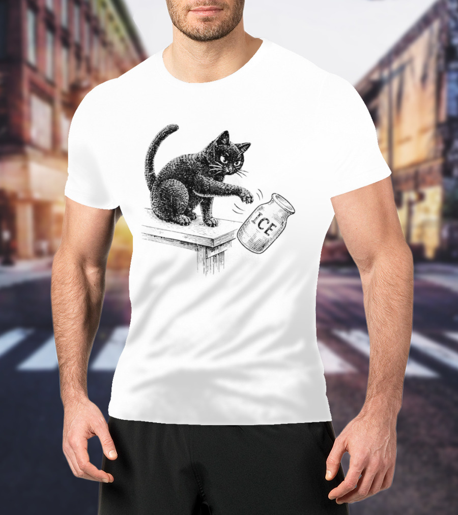 Cat Knocking Over ICE Jar Pro Immigration Message T-Shirt