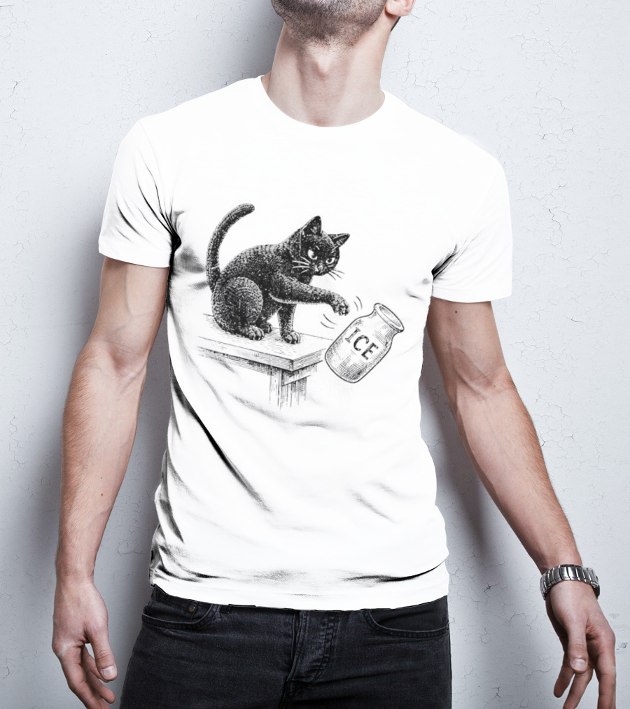 Cat Knocking Over ICE Jar Pro Immigration Message T-Shirt